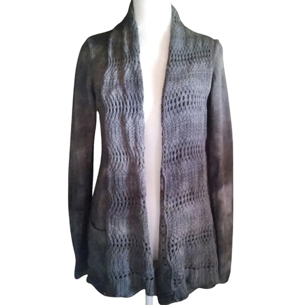 Anthropologie Angel of The North Gray Tye Dye Open Front Crochet Cardigan Medium